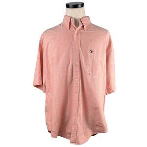 Tommy Hilfiger Mens XL Button-Down Shirt Peach Striped Short Sleeve 100% Cotton